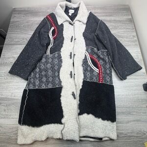 Sue Brett Patchwork Coat Womens 1X Boho Sherpa Wool Blend Toggle Button Jacket